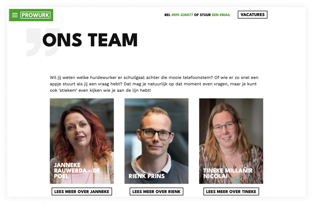 Screenshot van de pagina 'Ons Team' van Prowurk.nl