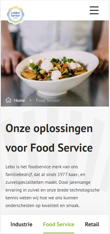 Screenshot van de pagina 'Onze oplossingen voor Food Service' op mobiel